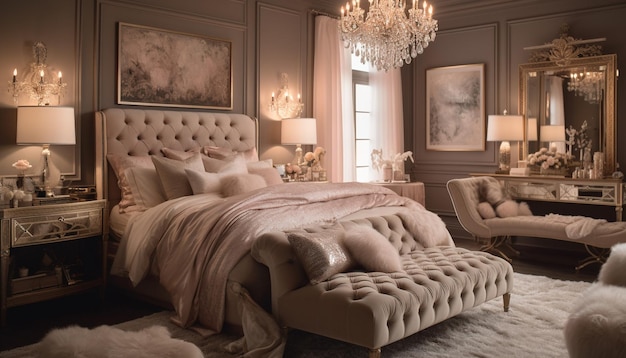 A bedroom with a chandelier and a bed with a blanket on it