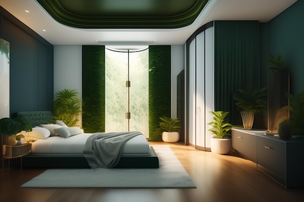 Free photo a bedroom with a green ceiling and a bed with a white sheet on it.