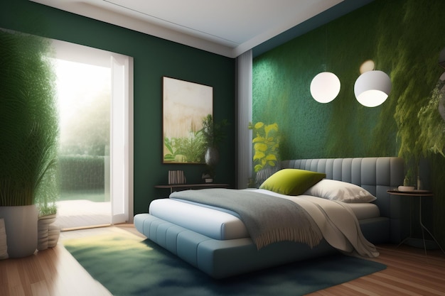 녹색 벽이 있는 침실과 파란색 베개가 놓인 침대.