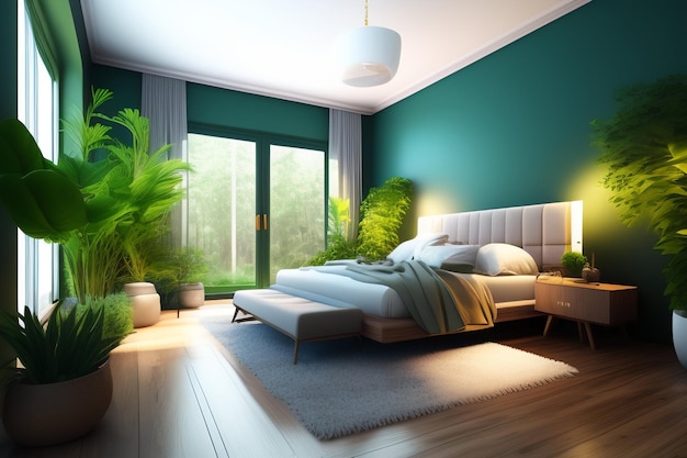 Foto gratuita una camera da letto con una parete verde e un letto con sopra un cuscino.