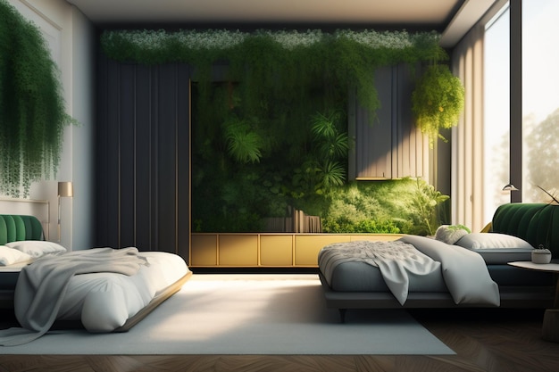 緑の壁と枕が置かれたベッドのあるベッドルーム。