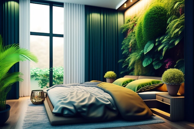 Free photo a bedroom with a green wall and a bed with a plant on it