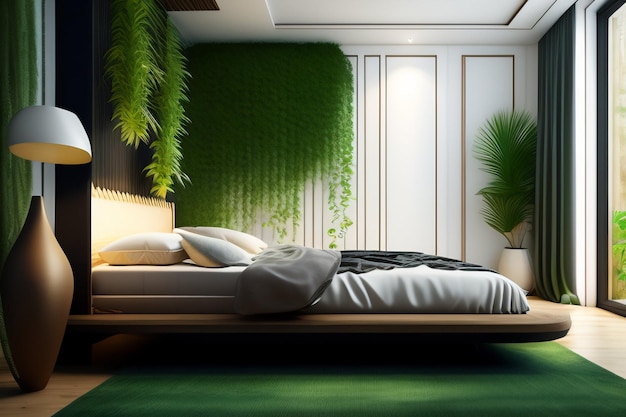 Спальня с зеленой стеной и кроватью с белой простыней с надписью «зеленая стена».