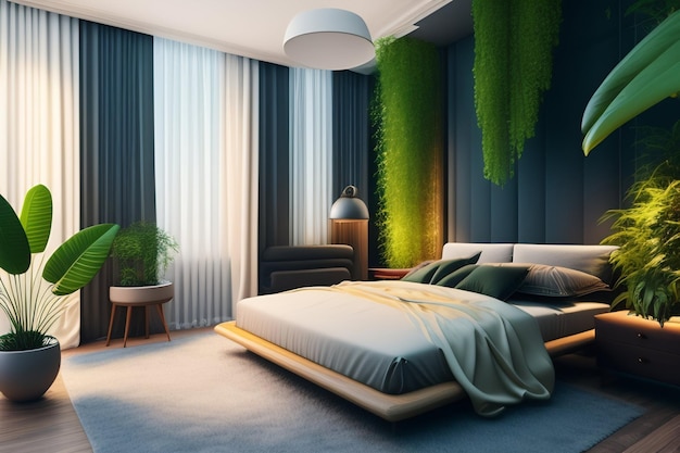 Free photo a bedroom with a green wall and a bed with a white sheet and a white pillow.