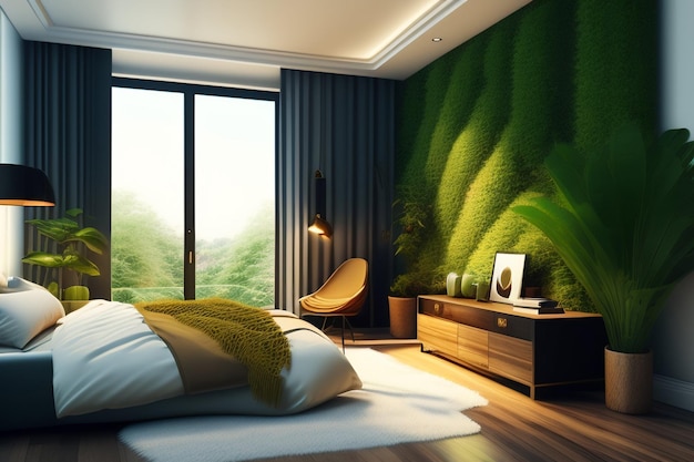 A bedroom with a green wall that has a plant on it.