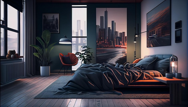 A bedroom with a view of a cityscape.