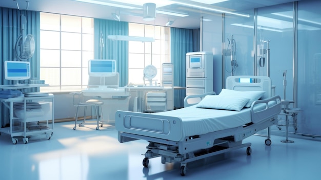 Beds and medical equipment stand out with soothing blue tones in the hospital room