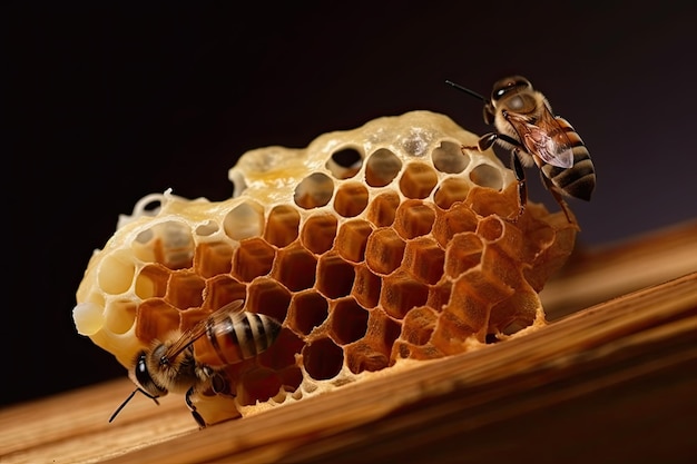 Foto gratuita un'ape e un alveare su una superficie di legno