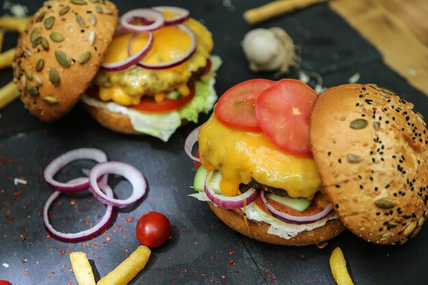 Beef burgers with ingredients