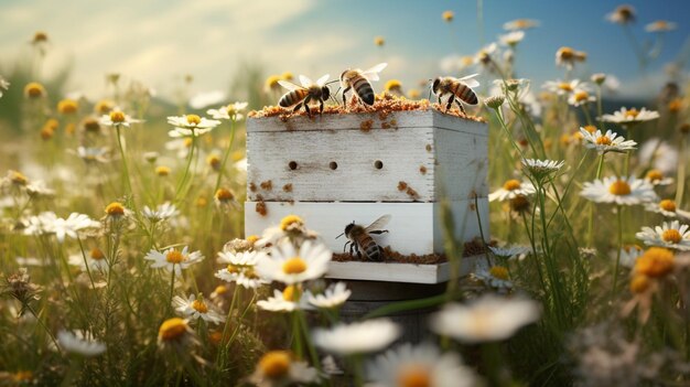 A beehive with bees buzzing around a field with chamomiles