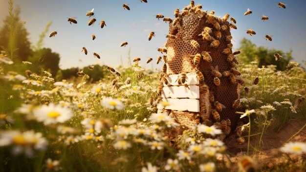 A beehive with bees buzzing around a field with chamomiles
