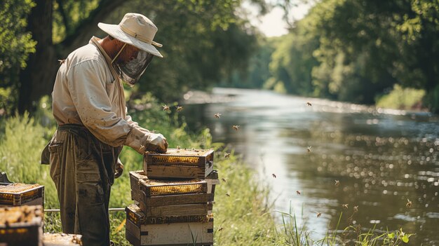 beekeeper working at  bee farm