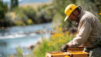 Free photo beekeeper working at  bee farm