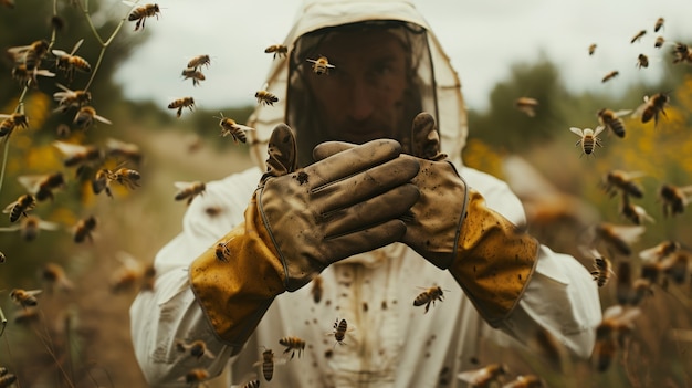 Beekeeper working at  bee farm