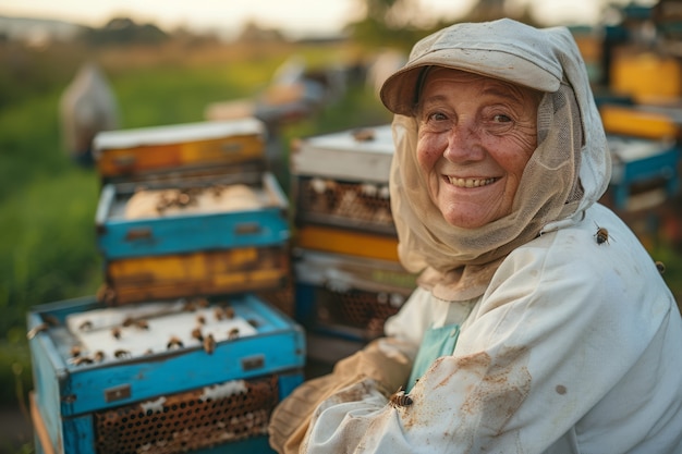 Beekeeper working at bee farm