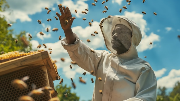 Beekeeper working at bee farm