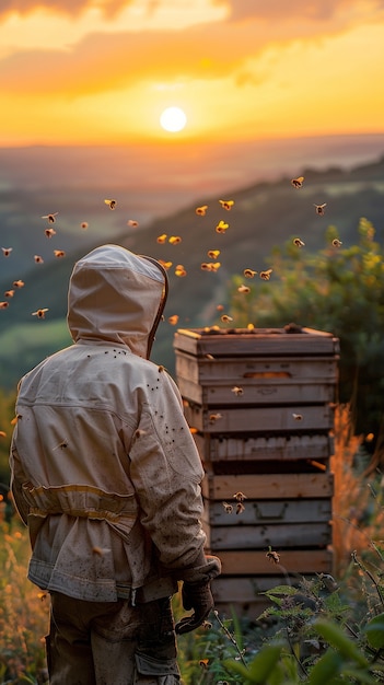 Free photo beekeeper working at  bee farm