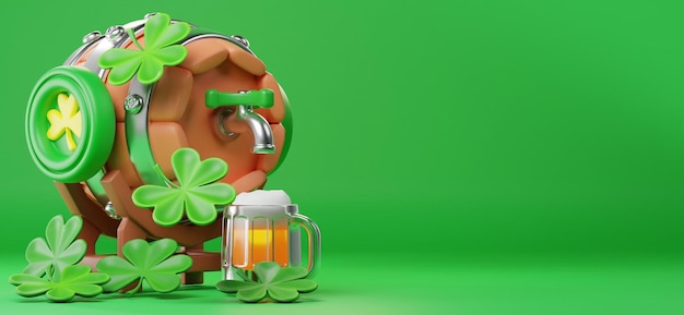 Free photo beer barrel background with st patricks leaf clover 3d illustration