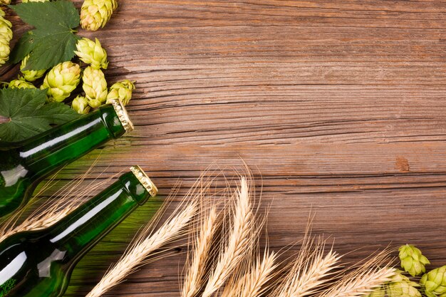 ビール瓶のフレームとコピースペースと小麦
