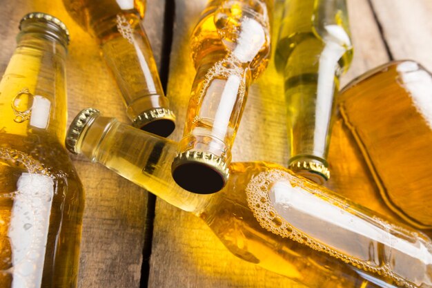 Beer bottles on a wooden table