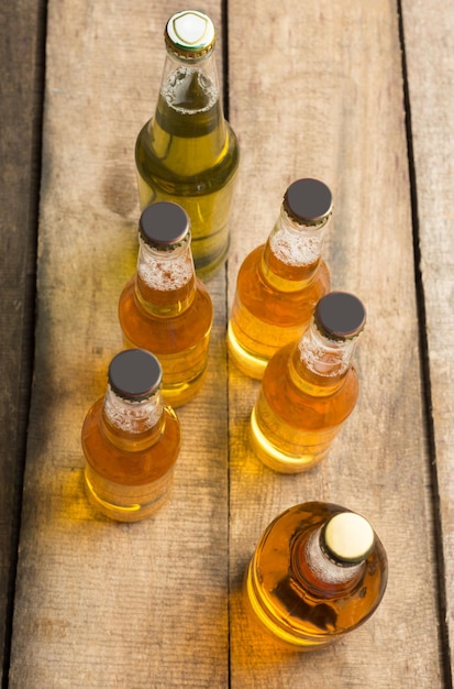 Beer bottles on a wooden table