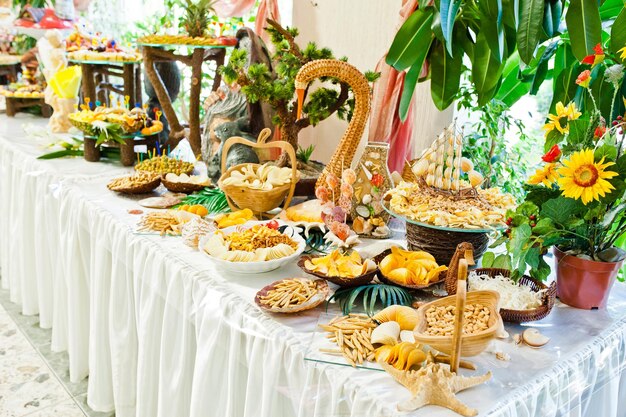 Beer table of snacks at wedding reception