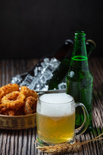 Beer with crispy fish hors d'oeuvres, World Beer Day.