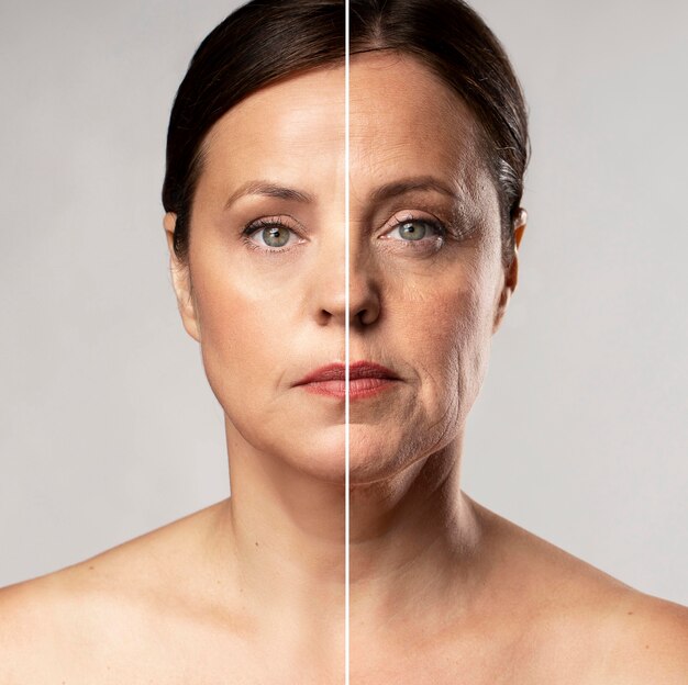 Before and after portrait of mature woman retouched