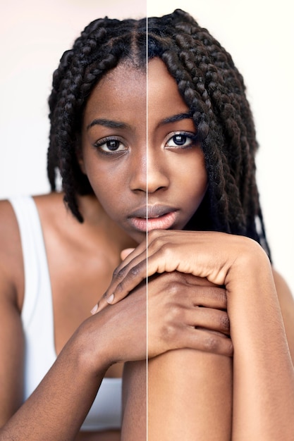 Free photo before and after portrait of woman retouched