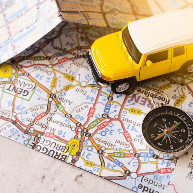 Belgian map with decor car and compass