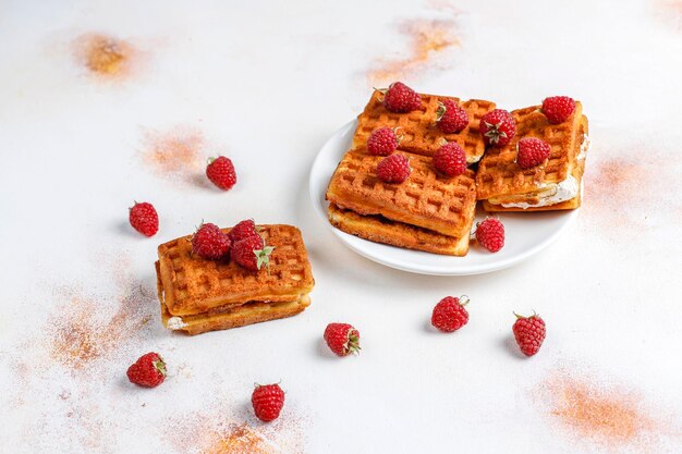 Belgian waffles with cream and fresh raspberries.