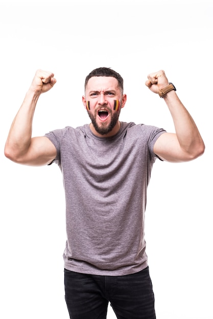 Belgium win. Victory, happy and goal scream emotions of Belgium football fan in game support of Belgium national team on white background. Football fans concept.