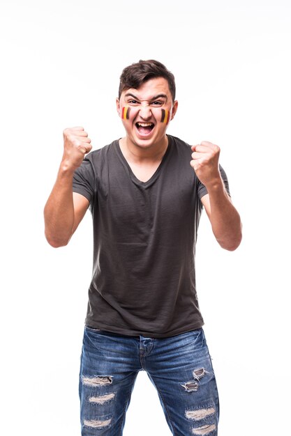 Belgium win. Victory, happy and goal scream emotions of Belgium football fan in game support of Belgium national team on white background. Football fans concept.