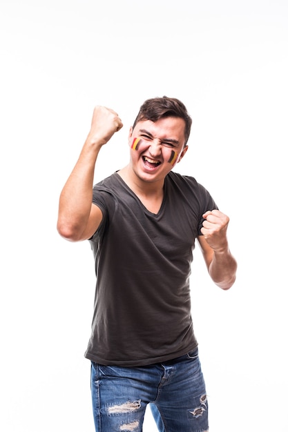 Belgium win. Victory, happy and goal scream emotions of Belgium football fan in game support of Belgium national team on white background. Football fans concept.