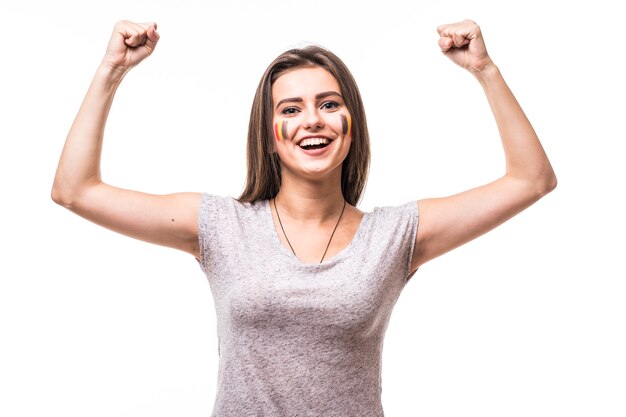 Belgium win. Victory, happy and goal scream emotions of Belgium woman football fan in game support of Belgium national team on white background. Football fans concept.