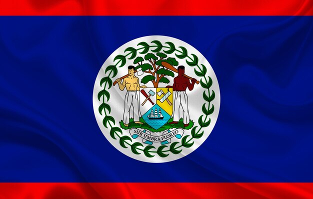 Belize country flag on wavy silk fabric background panorama - illustration