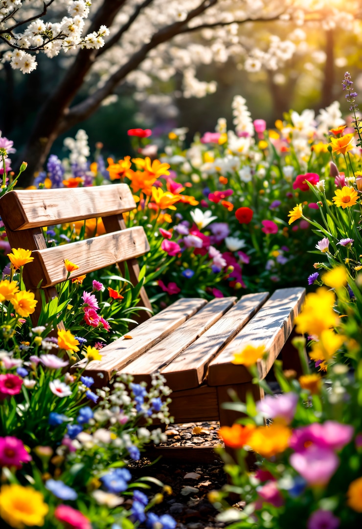 Free Photo bench in a colorful flower garden