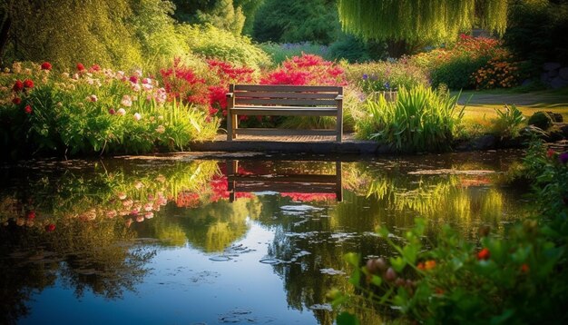 A bench in a garden with a pond and a pond with flowers.