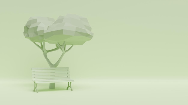 Foto gratuita panca e albero su sfondo verde pastello rendering 3d monocromatico con spazio per il testo