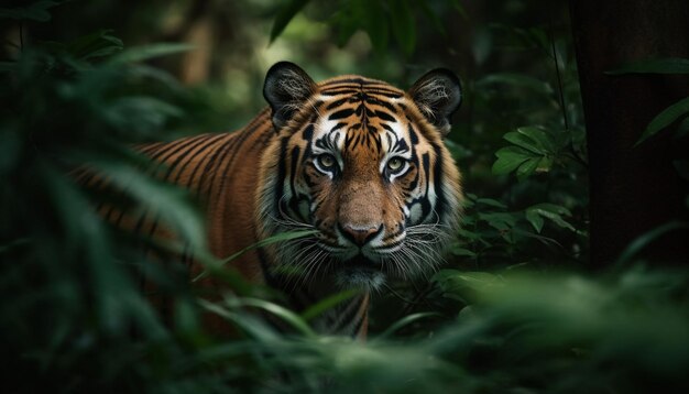 Bengal tiger staring aggression in eyes majestic beauty in nature generated by AI