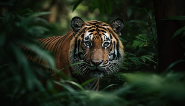 Бенгальский тигр смотрит агрессией в глаза величественной красоты природы, созданной искусственным интеллектом
