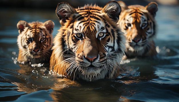 Free photo bengal tiger staring close up danger in tranquil rainforest generated by artificial intelligence