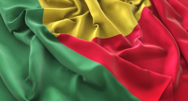 Бенинский флаг украшен красиво размахивая макросом крупным планом
