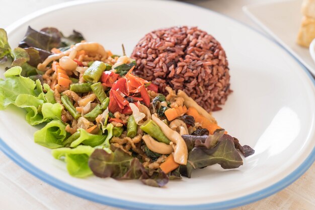 berry rice with stir-fried tofu protein and basil