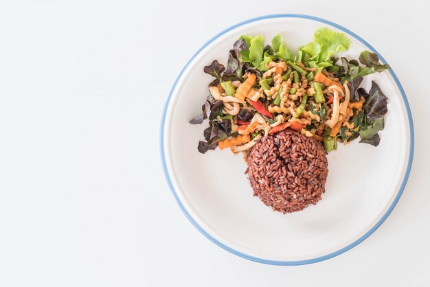 berry rice with stir-fried tofu protein and basil