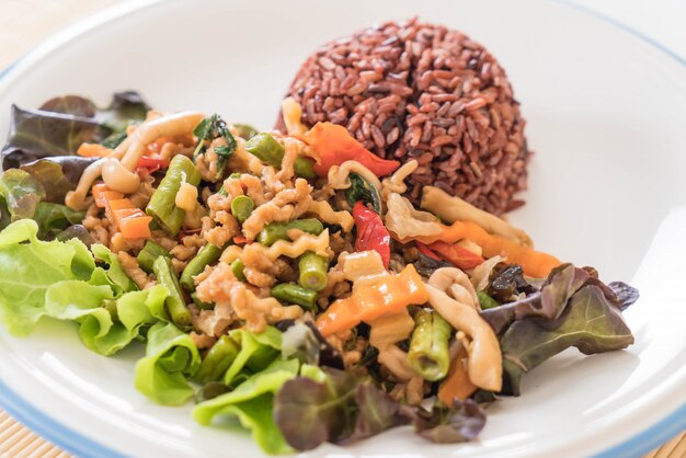 berry rice with stir-fried tofu protein and basil