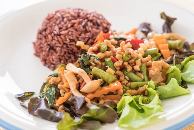 berry rice with stir-fried tofu protein and basil