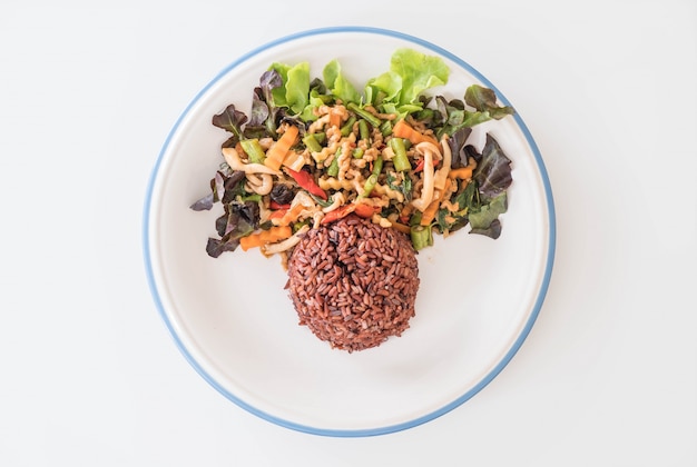 berry rice with stir-fried tofu protein and basil