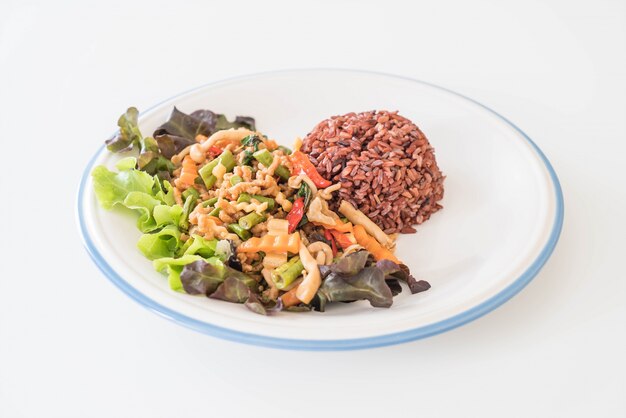 berry rice with stir-fried tofu protein and basil