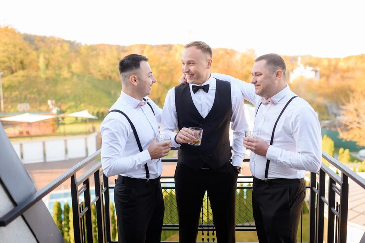 Free Photo best men greeting groom on terrace